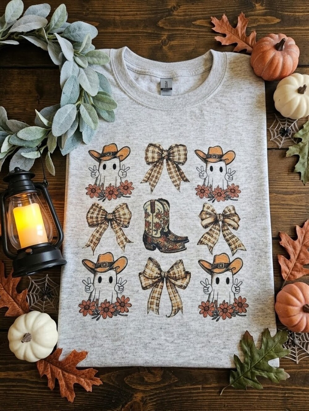 Fall Short Sleeve shirt halloween western ghost bows preppy autumn